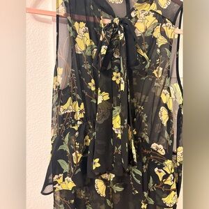 Who What Wear Black Floral Tie-Neck Dress with Yellow Print